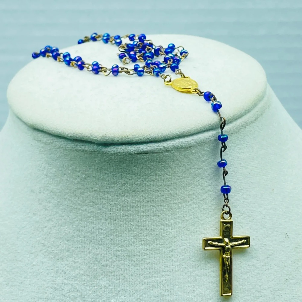 Vintage Rosary Cobalt Blue Glass Beads Gold Tone Chain Crucifix Virgin Mary